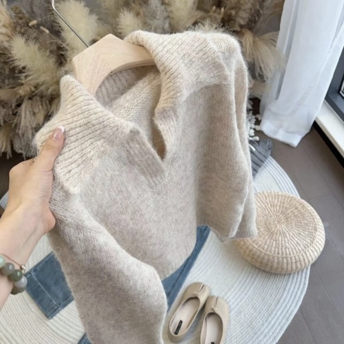 Lazy style lapel casual design slimming sweater early autumn new Korean style soft waxy sweater