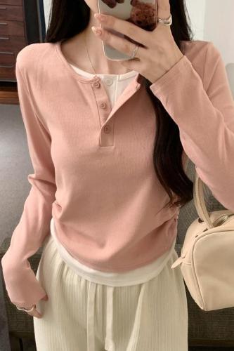 Pink fake two-piece long-sleeved T-shirt 2024 autumn new short slim-fitting bottoming shirt Korean style versatile top