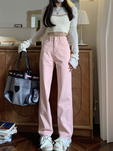 Girly Pink Straight Leg Wide Leg Pants High Waist Small Fresh Slim Jeans