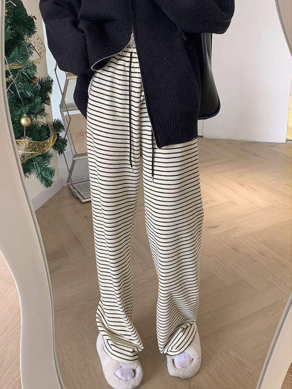 New loose slimming straight wide leg pants autumn and winter high waist striped drape casual pants women's trendy pants