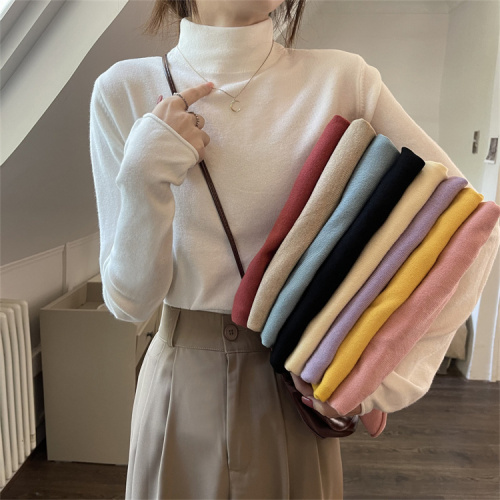 Real shot of autumn and winter inner high-neck long-sleeved versatile sweater for women with curled edge slimming bottoming sweater