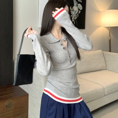 Real shot Chic POLO collar long-sleeved sweater for women autumn 2024 new slim design niche top