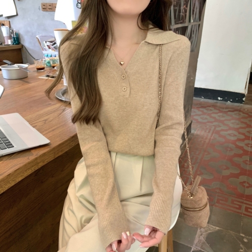 Real shot of autumn Korean style polo collar button-down solid color knitted bottoming long-sleeved inner sweater for women