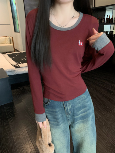 Real shot of round neck T-shirt, long-sleeved bottoming shirt for women, autumn contrast color inner short thickened brushed top