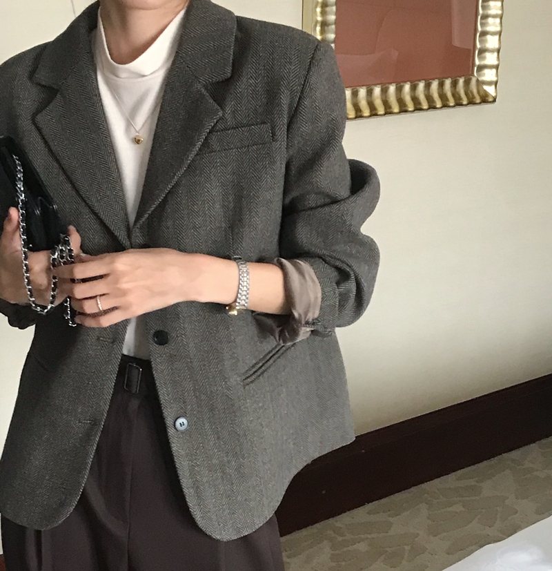Actual shot of retro herringbone woolen suit single-breasted loose jacket 2 colors