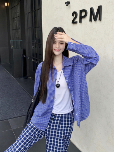 Real shot American retro blue plaid shirt autumn lazy style women's loose shirt jacket long-sleeved top