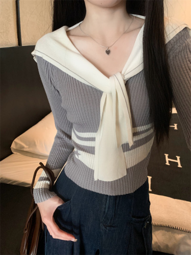 Actual shot of early autumn new style small fragrance navy collar long-sleeved sweater for women with high-end contrast color top