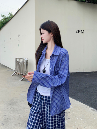 Real shot American retro blue plaid shirt autumn lazy style women's loose shirt jacket long-sleeved top