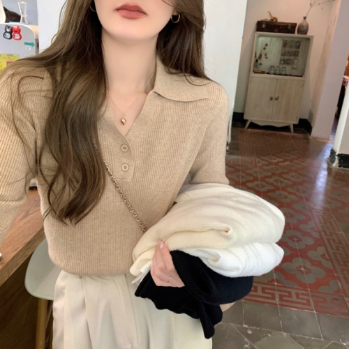 Real shot of autumn Korean style polo collar button-down solid color knitted bottoming long-sleeved inner sweater for women