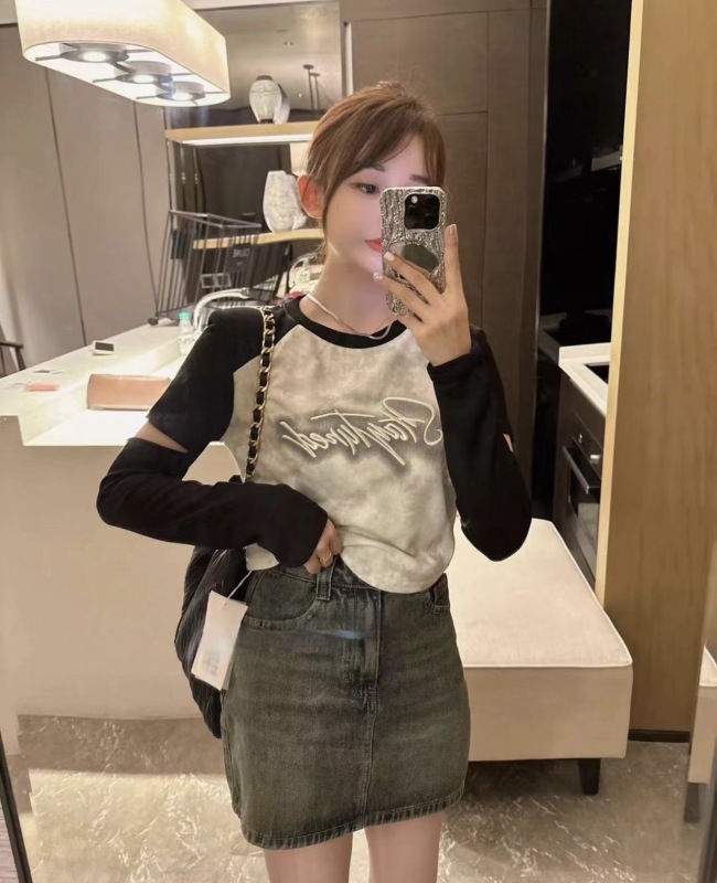 Tie-dye embroidered letter T-shirt for women, small machine hollow raglan long-sleeved bottoming shirt, short straight shoulder loose top ins