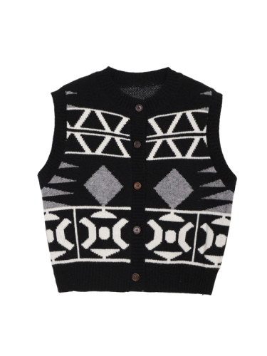 Cardigan sweater niche design sleeveless retro geometric pattern knitted vest for women