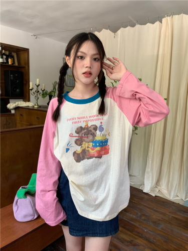 Contrast color cartoon print raglan long-sleeved sun protection top T-shirt