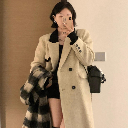 Korean woolen coat for women 2024 autumn and winter new style woolen coat, high-end, small, lazy, mid-length