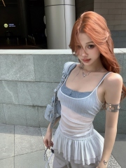 White see-through ruffle camisole denim blue stacked design niche two-piece set