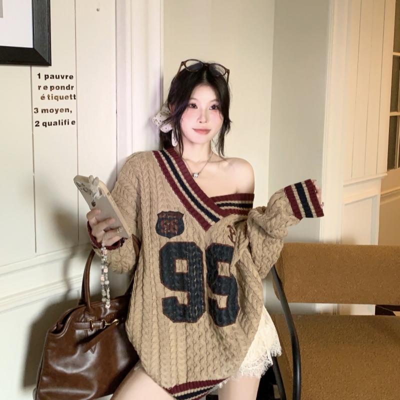 實拍~~~204秋季新款V領美式辣妹寬鬆顯瘦針織衫