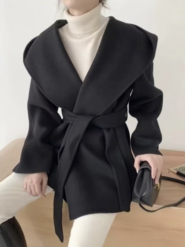 Korean autumn and winter elegant straight-leg slimming waist strap long-sleeved cardigan hooded woolen jacket