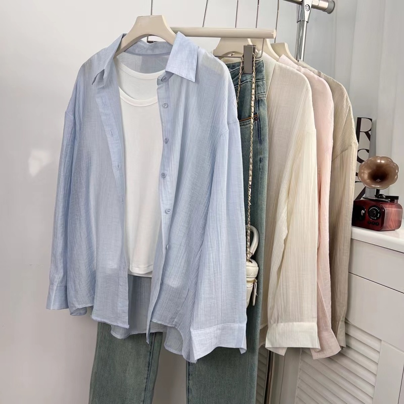 Cool ice silk texture blue sun protection shirt for women, thin, elegant, casual and versatile long-sleeved shirt jacket