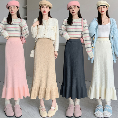 Real shot of sexy fishtail skirt for women in autumn and winter, new Korean style high-waisted knitted skirt, mid-length fungus hem hip skirt