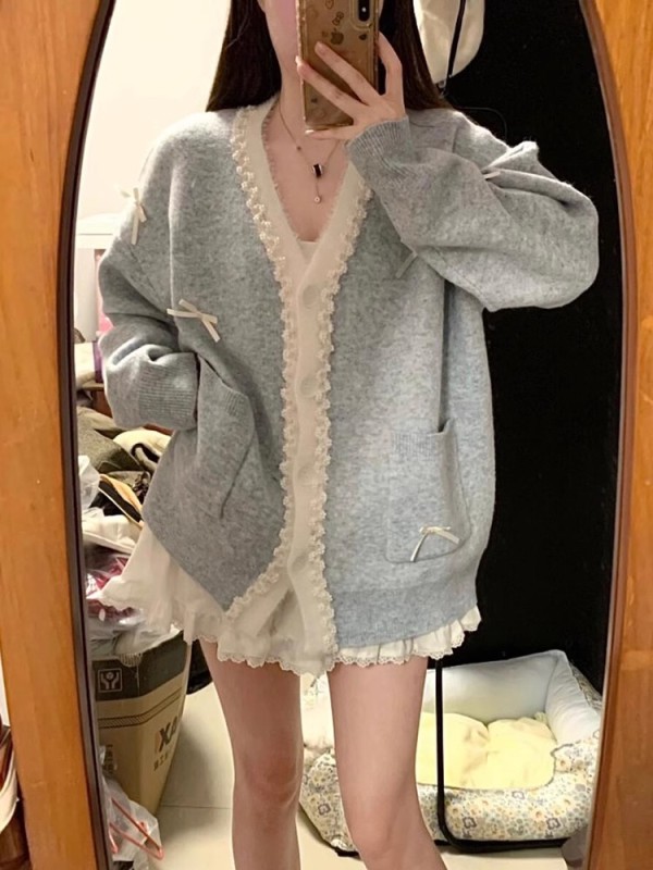 YLJZZ~溫柔風V領蝴蝶結針織開衫女秋冬季寬鬆慵懶風軟糯毛衣外套