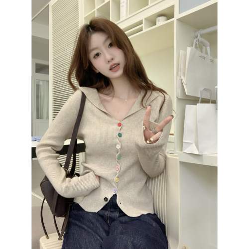 Real shot of autumn and winter Korean style half-open collar rainbow button sweet age-reducing Andy velvet knitted cardigan jacket top