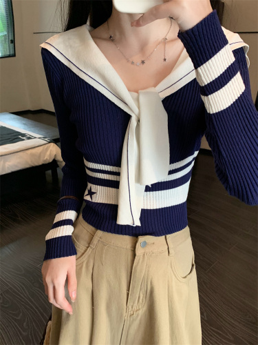 Actual shot of early autumn new style small fragrance navy collar long-sleeved sweater for women with high-end contrast color top