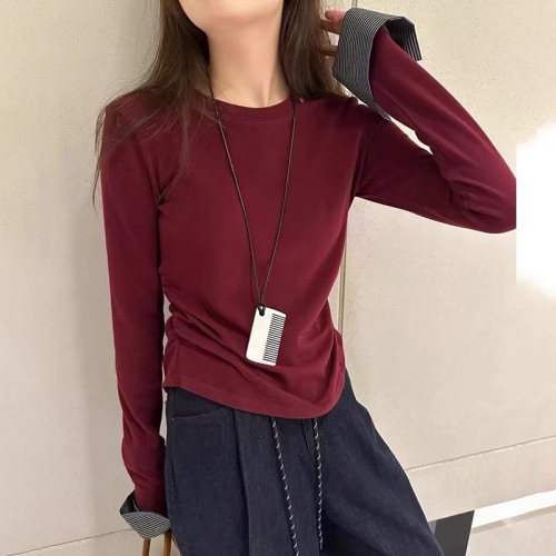 XIDADONG's 2024 new autumn style striped cuffs spliced ​​long-sleeved brushed T-shirt women's pleated slim top