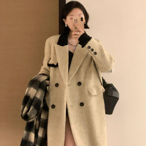 Korean woolen coat for women 2024 autumn and winter new style woolen coat, high-end, small, lazy, mid-length