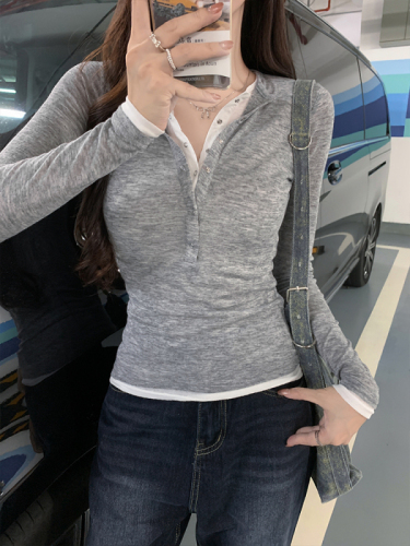 Spliced ​​two-piece top for women ins henley collar with slim long-sleeved T-shirt