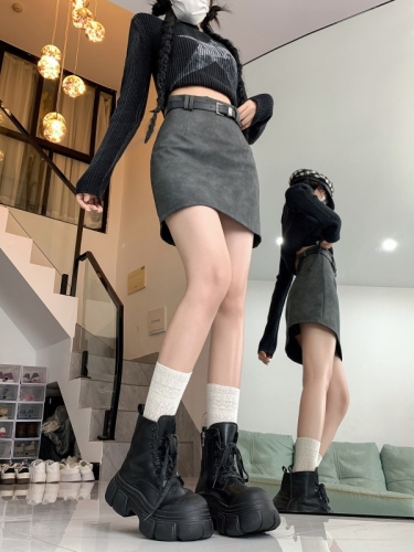 Anti-exposure, slim A-line pu leather skirt, women's new high waist bag hip skirt short skirt for women