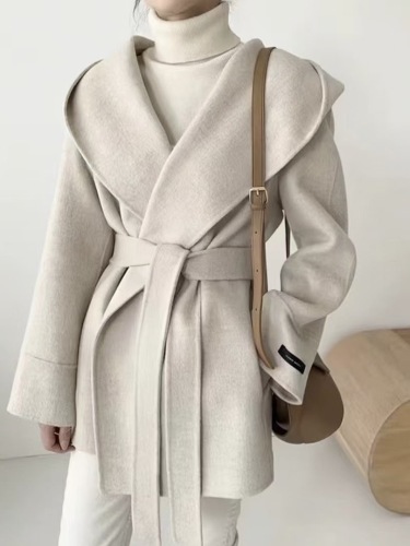 Korean autumn and winter elegant straight-leg slimming waist strap long-sleeved cardigan hooded woolen jacket