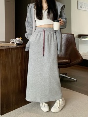 Real shot~Autumn contrasting color design drawstring skirt slimming guard skirt A-line mid-length skirt
