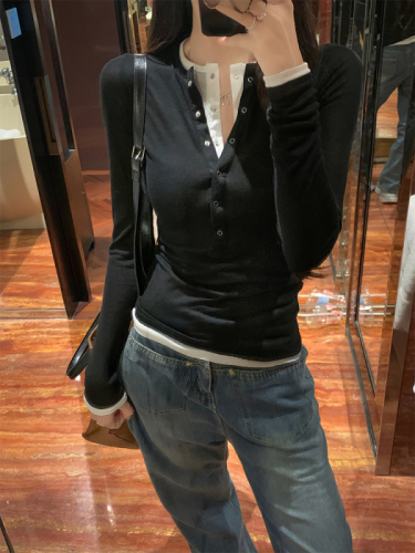 Spliced ​​two-piece top for women ins henley collar with slim long-sleeved T-shirt