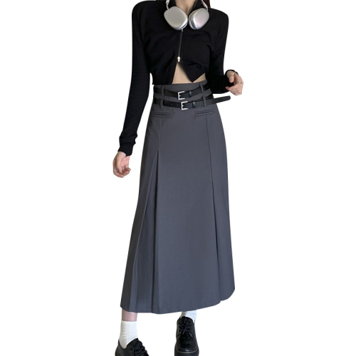 Workwear gray suit pleated skirt for women spring and autumn high waist hip A-line long skirt skirt for small people