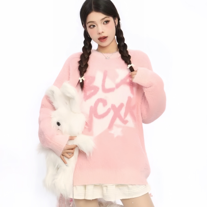 Breast fufu lazy style sweater jacket for women autumn and winter retro loose design imitation mink soft waxy sweater top