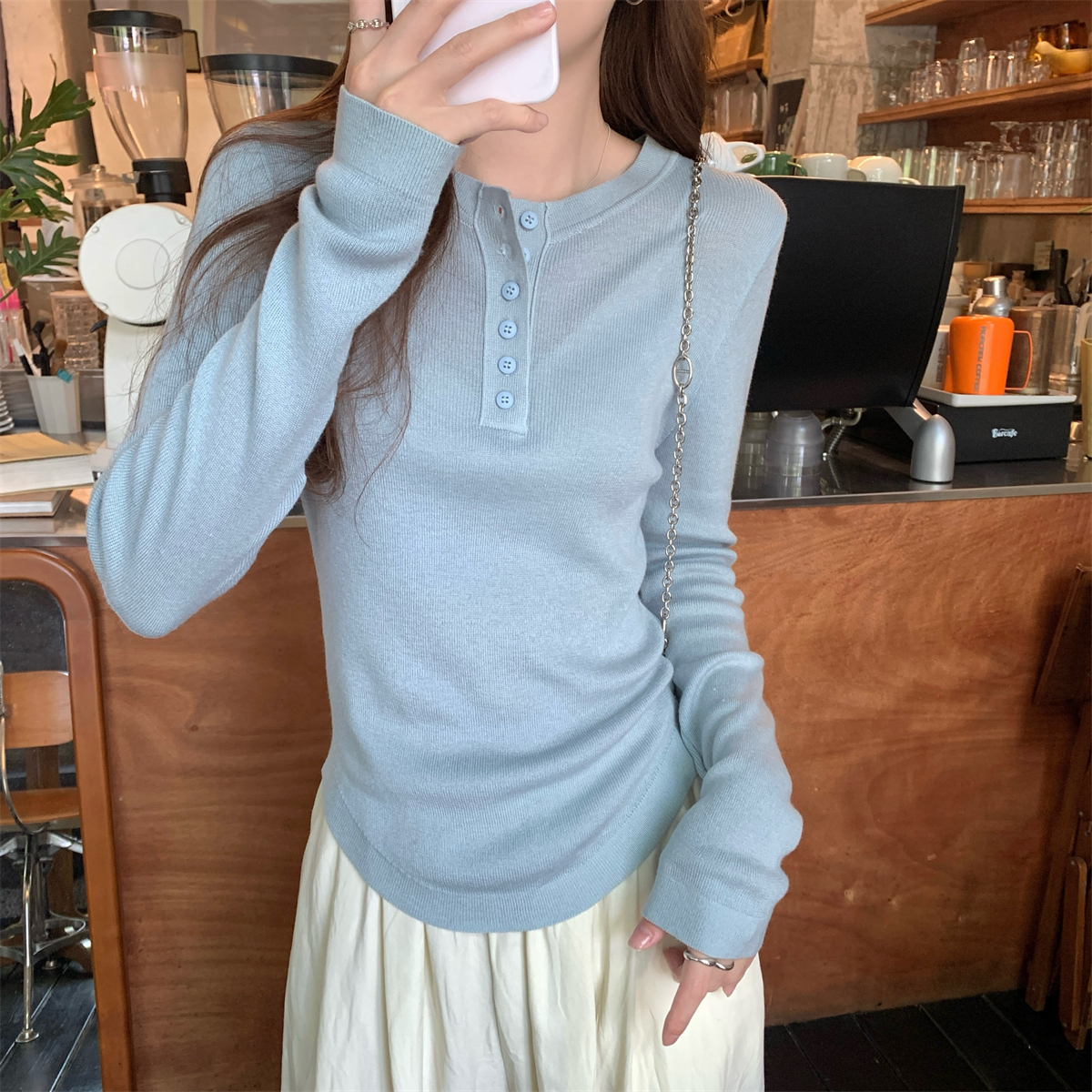 Real shot of autumn and winter Korean style round neck button design slimming temperament wool knitted bottoming sweater for women