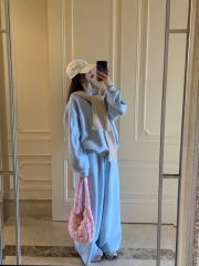 Knitted wool hooded shawl loose space cotton round neck pullover sweatshirt wide leg pants suit