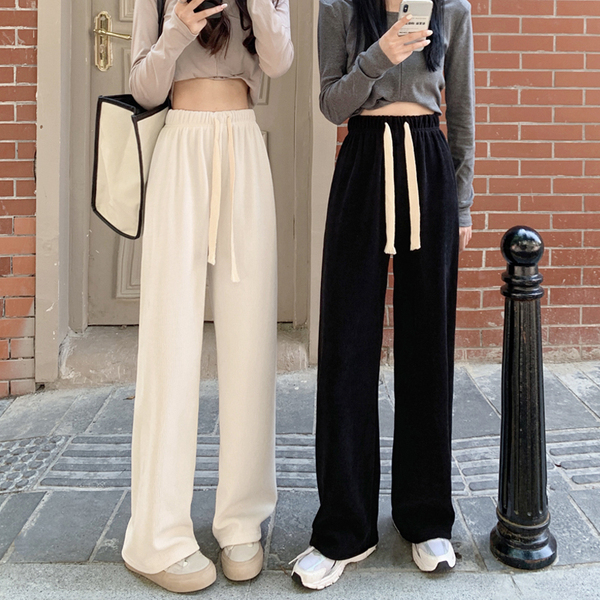 Velvet thickened wide-leg pants autumn and winter new loose thickened pit strip elastic high-waisted casual pants women's trousers