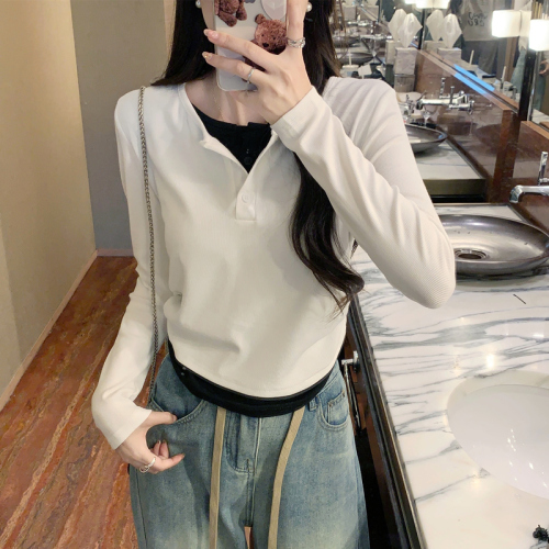 Pink fake two-piece long-sleeved T-shirt 2024 autumn new short slim-fitting bottoming shirt Korean style versatile top