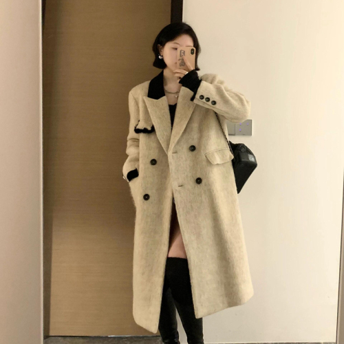 Korean woolen coat for women 2024 autumn and winter new style woolen coat, high-end, small, lazy, mid-length