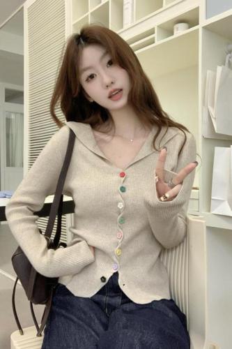 Real shot of autumn and winter Korean style half-open collar rainbow button sweet age-reducing Andy velvet knitted cardigan jacket top