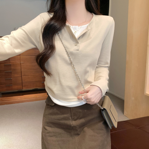 Pink fake two-piece long-sleeved T-shirt 2024 autumn new short slim-fitting bottoming shirt Korean style versatile top