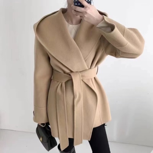 Korean autumn and winter elegant straight-leg slimming waist strap long-sleeved cardigan hooded woolen jacket