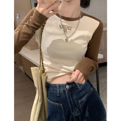 Letter embroidered slim fit bottoming shirt ins style sweet and spicy retro spring and autumn American color block top with long-sleeved T-shirt