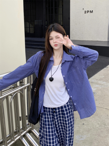 Real shot American retro blue plaid shirt autumn lazy style women's loose shirt jacket long-sleeved top