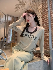Autumn new design round neck fake two-piece drawstring letter printed long-sleeved T-shirt top