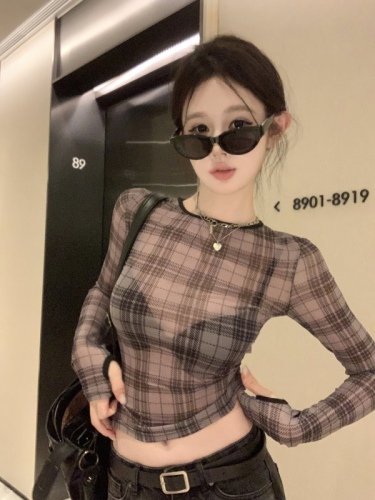 Real shot of retro plaid control old plaid printed mesh long-sleeved T-shirt women's slim bottoming top