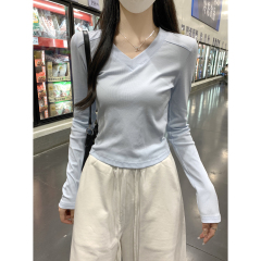 Actual shot of autumn and winter Korean style slim fit v-neck right shoulder simple and versatile solid color long-sleeved inner bottoming T-shirt top