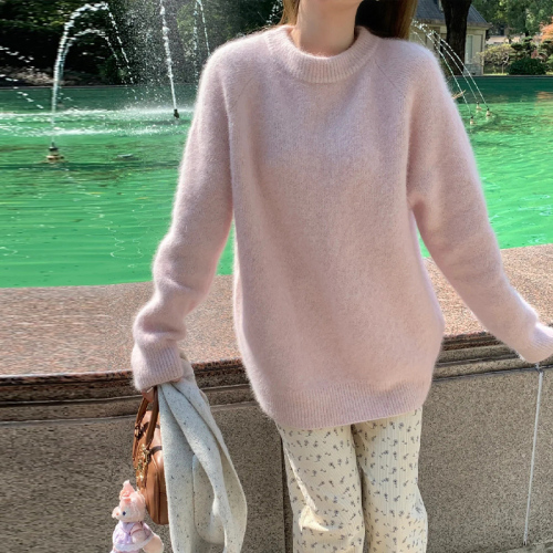 Fufu soft and glutinous lazy style pink sweater for women autumn and winter 2024 new style early spring inner layer thickened sweater top