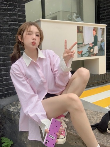 Korean blue contrast striped shirt for women 2024 new style French stitching long-sleeved top sun protection shirt