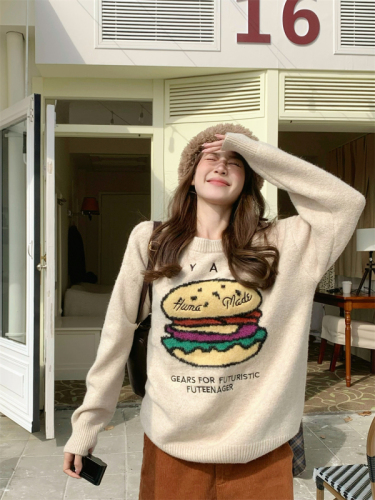 Korean style round neck pullover fun burger print lazy style loose slimming long sleeve knitted sweater